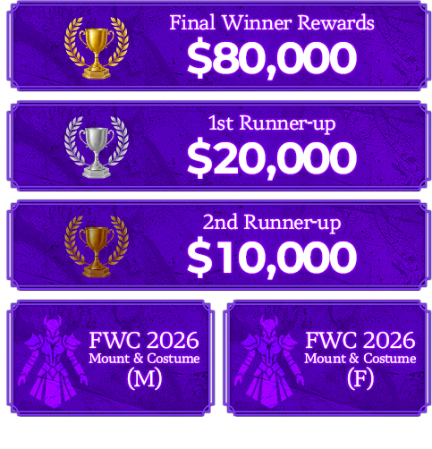 Final Winner Rewards $80,000, 1st Runner-up $20,000, 2nd Runner-up $10,000, FWC 2026 Mount & Costume (M) and (F). Finalists only